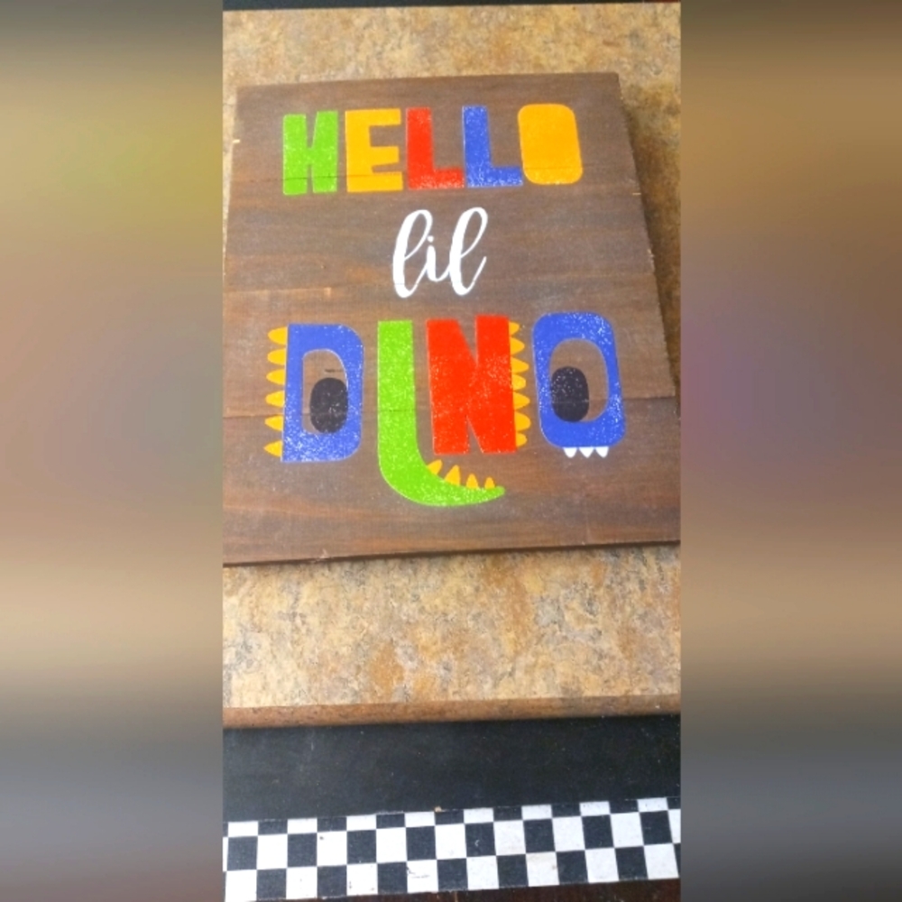 Colorful "Hello Lil Dino" Wooden Wall Sign
